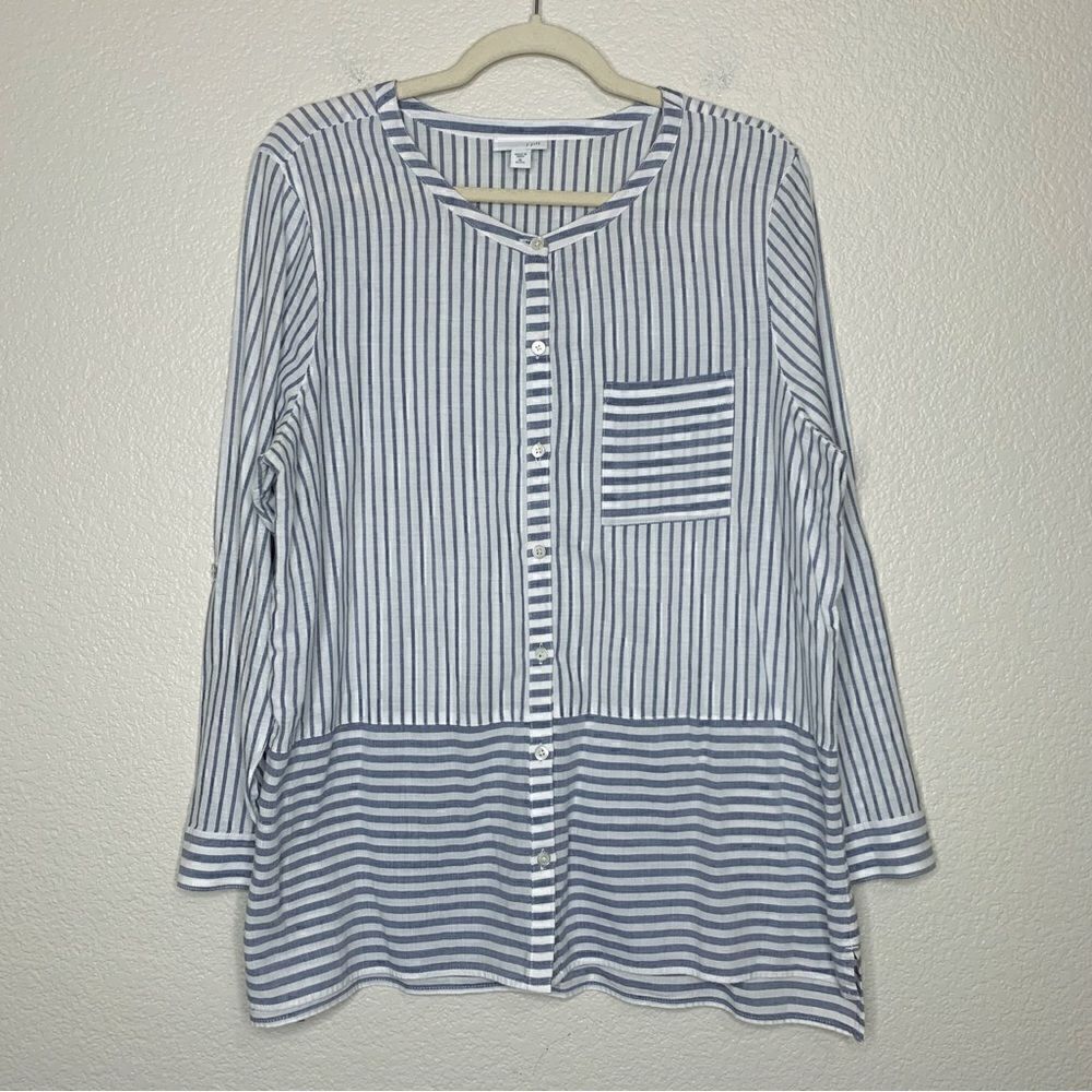 J.Jill 100% Cotton Blue White Striped Button Down Tunic Top
